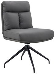 Grauer Stuhl mit gepolsterter Rückenlehne und Sitzfläche, seitliche Perspektive