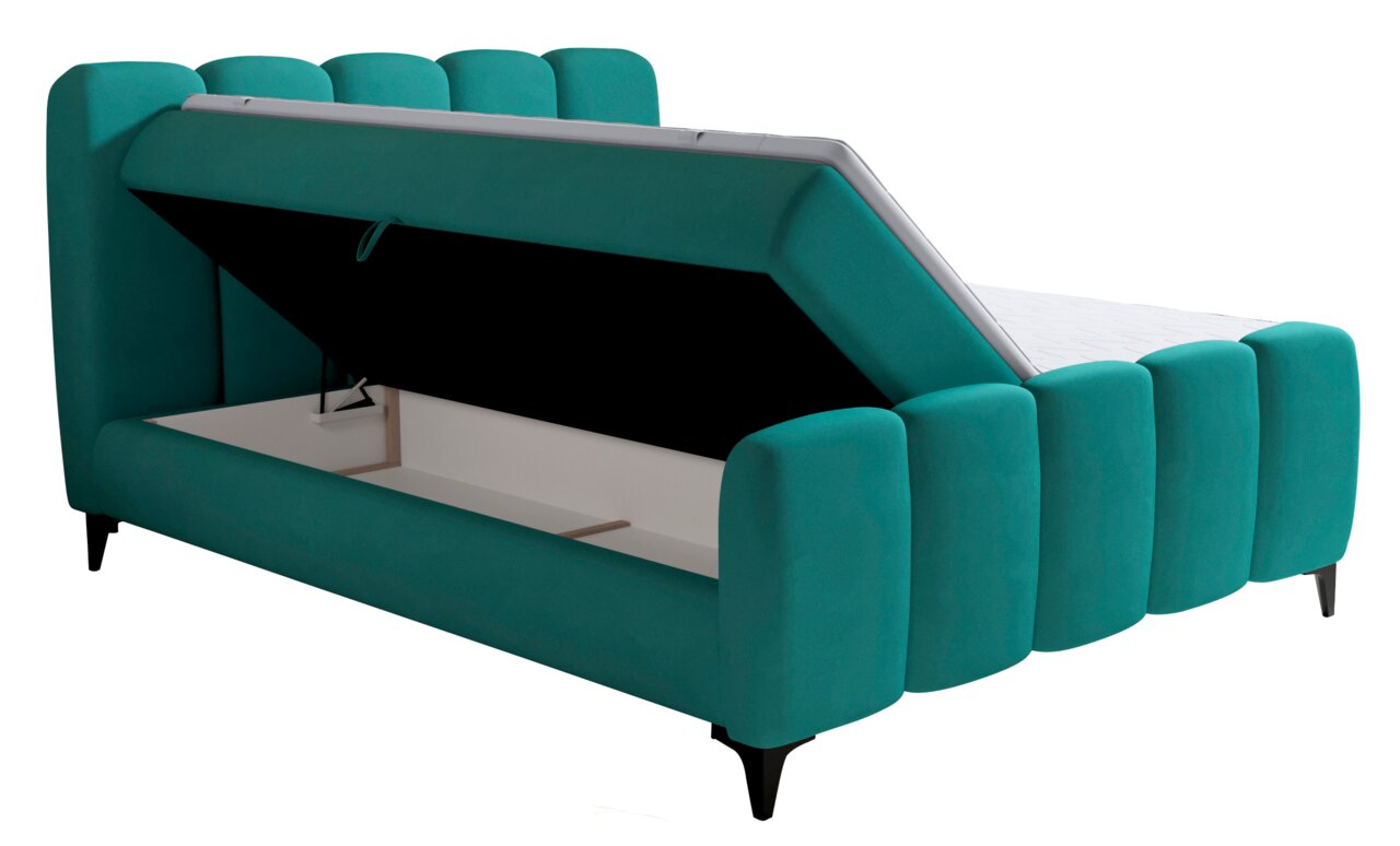 Boxbett mit aufklappbarem Stauraum in türkisfarbener Polsterung, seitliche Perspektive
