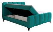 Boxbett mit aufklappbarem Stauraum in türkisfarbener Polsterung, seitliche Perspektive