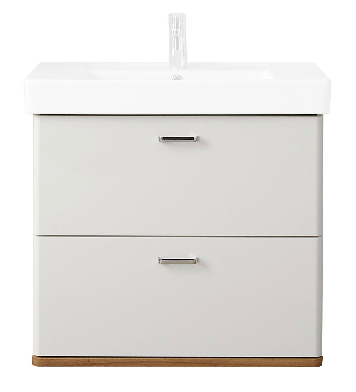 Moderner Waschtischunterschrank in Weiß mit zwei Schubladen, frontal abgebildet.