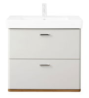 Moderner Waschtischunterschrank in Weiß mit zwei Schubladen, frontal abgebildet.