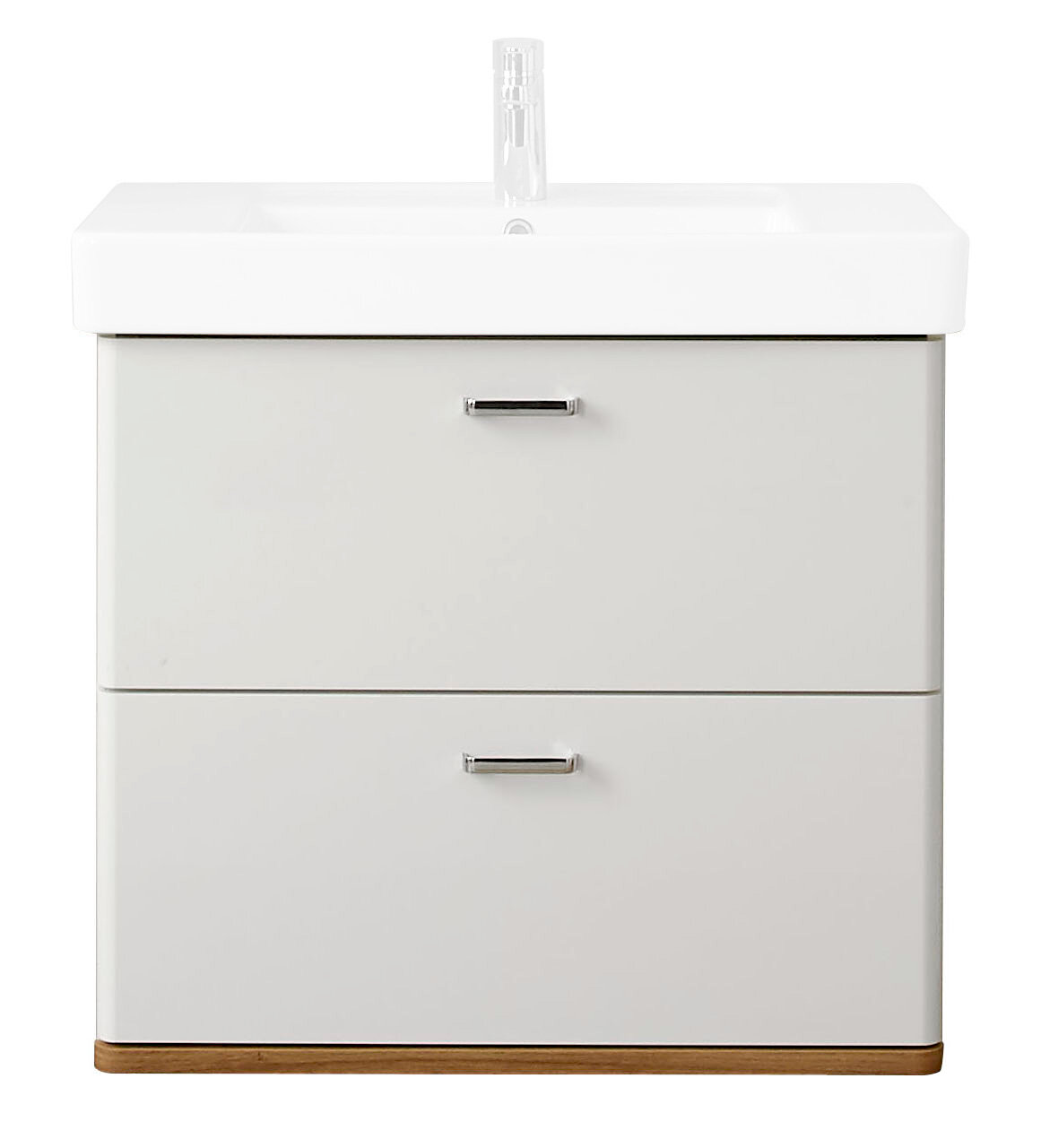 Moderner Waschtischunterschrank in Weiß mit zwei Schubladen, frontal abgebildet.