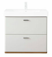 Moderner Waschtischunterschrank in Weiß mit zwei Schubladen, frontal abgebildet.