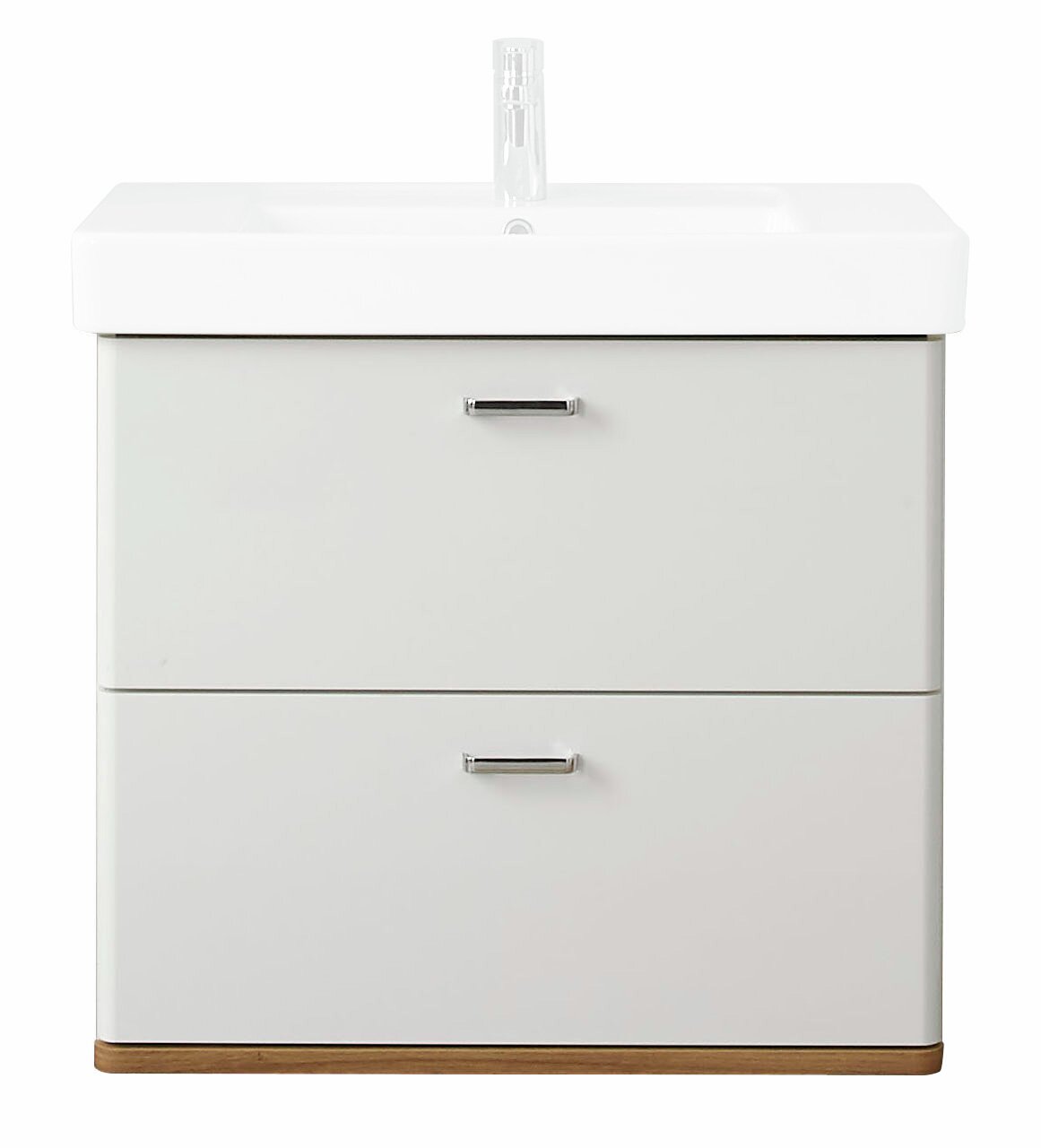 Moderner Waschtischunterschrank in Weiß mit zwei Schubladen, frontal abgebildet.