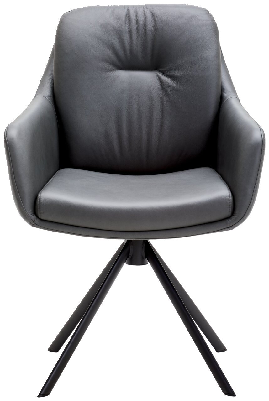 Moderner Armlehnstuhl ARUBA in grauem Leder mit schwarzem Metallgestell, Frontalansicht