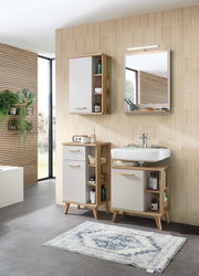 Moderne Badezimmermöbel mit TwinLED-Aufsatzleuchte, frontal betrachtet.