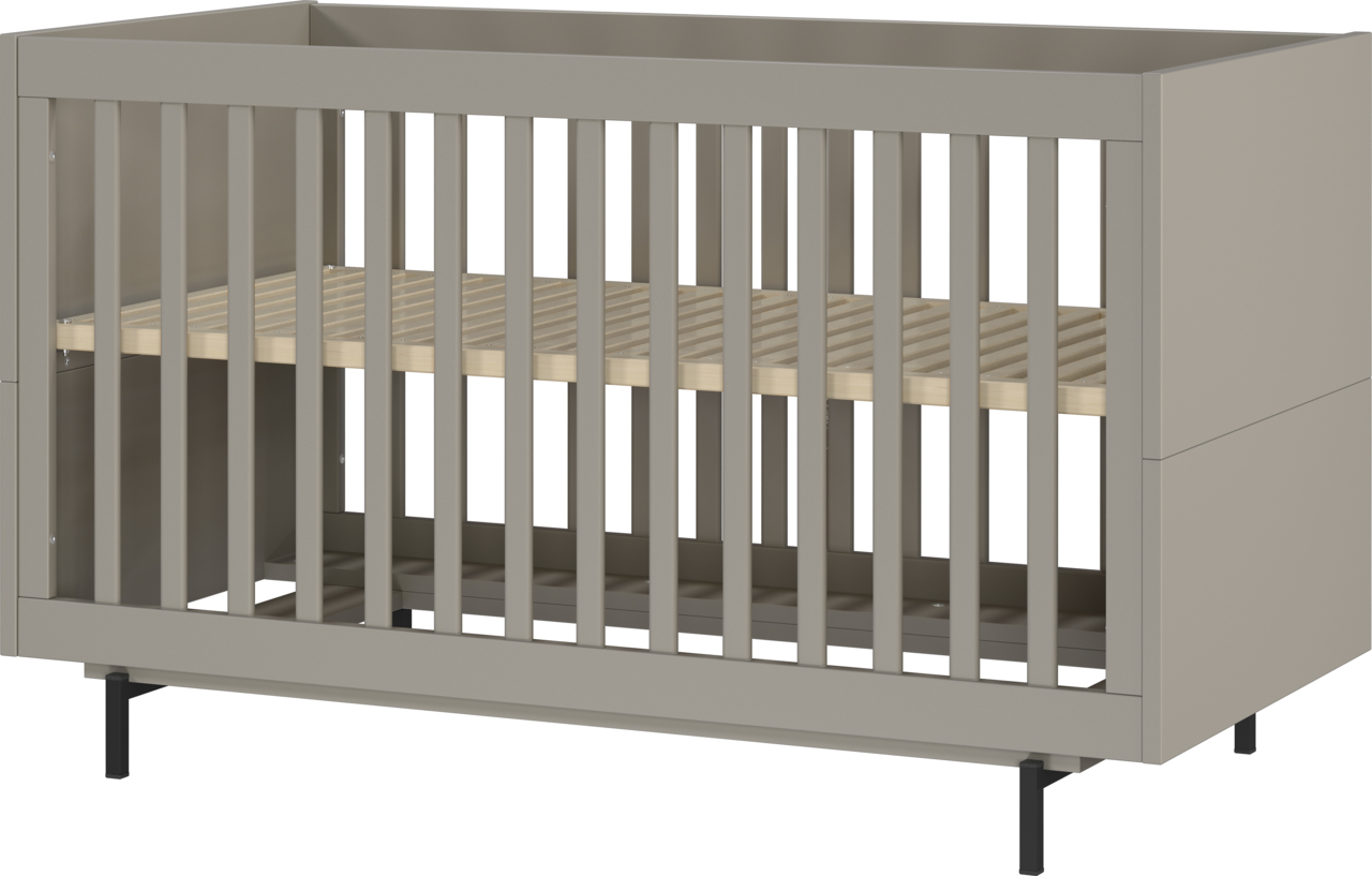 Graues Kinderbett mit Gitterstäben, seitliche Perspektive