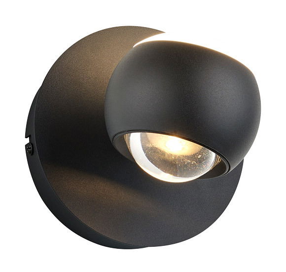 Moderne schwarze Wandleuchte CANNON mit kugelförmigem Design, seitliche Perspektive