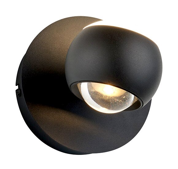 Moderne schwarze Wandleuchte CANNON mit kugelförmigem Design, seitliche Perspektive