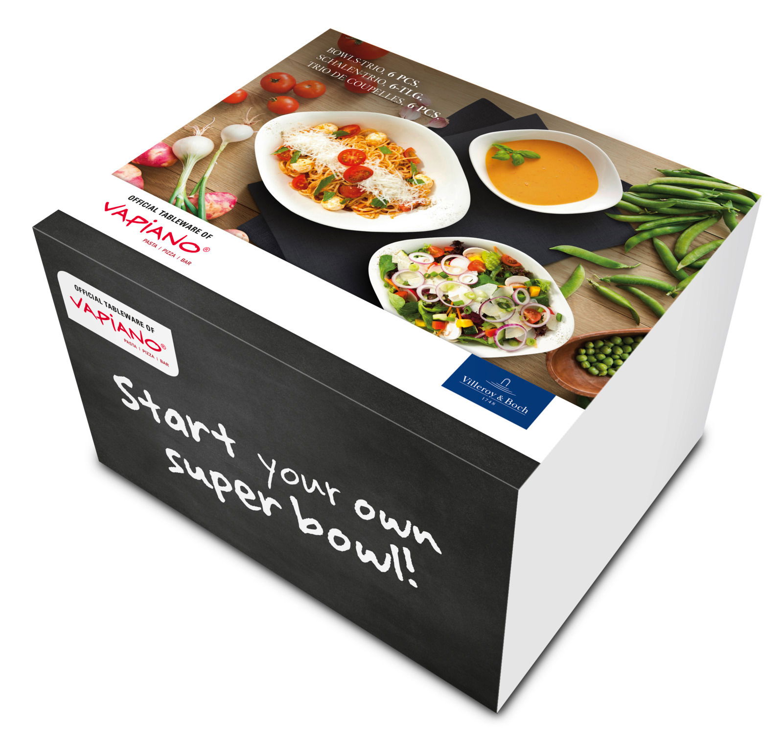 Starter-Set 6-teilig Vapiano von schräg oben, mit Schalen und frischen Zutaten abgebildet.