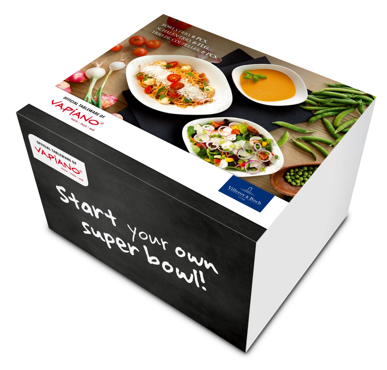Startset van 6-delig Vapiano, afgebeeld vanuit een schuine hoek van bovenaf, met schaaltjes en verse ingrediënten.