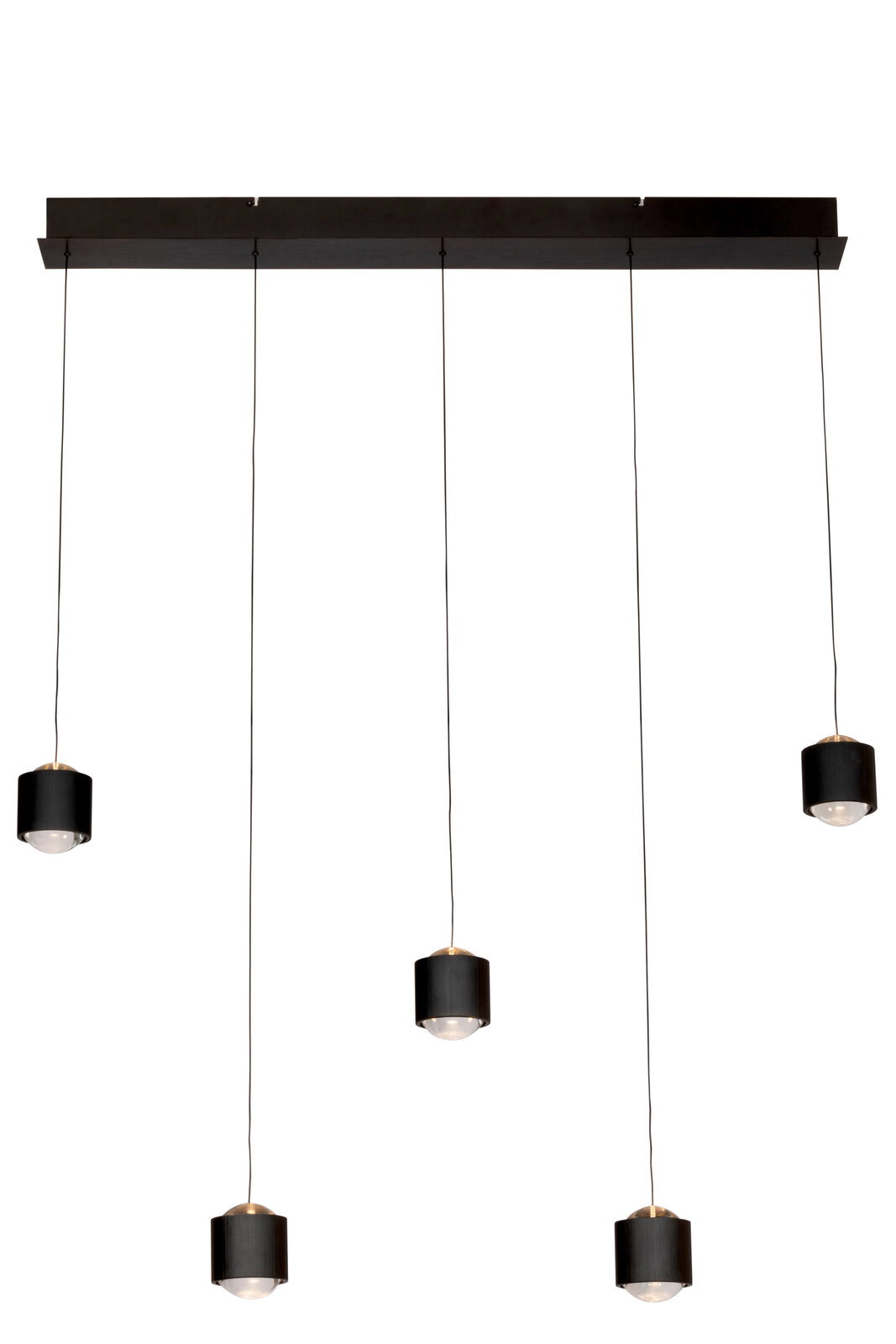 Novel LED-Hängeleuchte COLUMBIA Moderne LED-Hängeleuchte mit fünf schwarzen zylindrischen Lampenschirmen, von unten betrachtet.