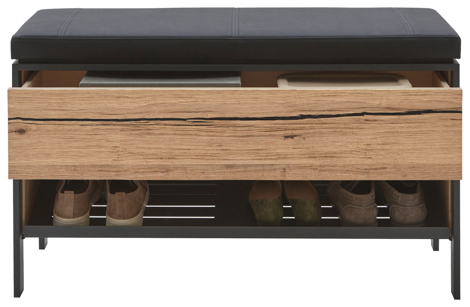 Frontansicht einer Garderobenbank mit schwarzem Sitzpolster, einer Schublade aus Holz und einem Schuhregal darunter.