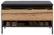 Frontansicht einer Garderobenbank mit schwarzem Sitzpolster, einer Schublade aus Holz und einem Schuhregal darunter.