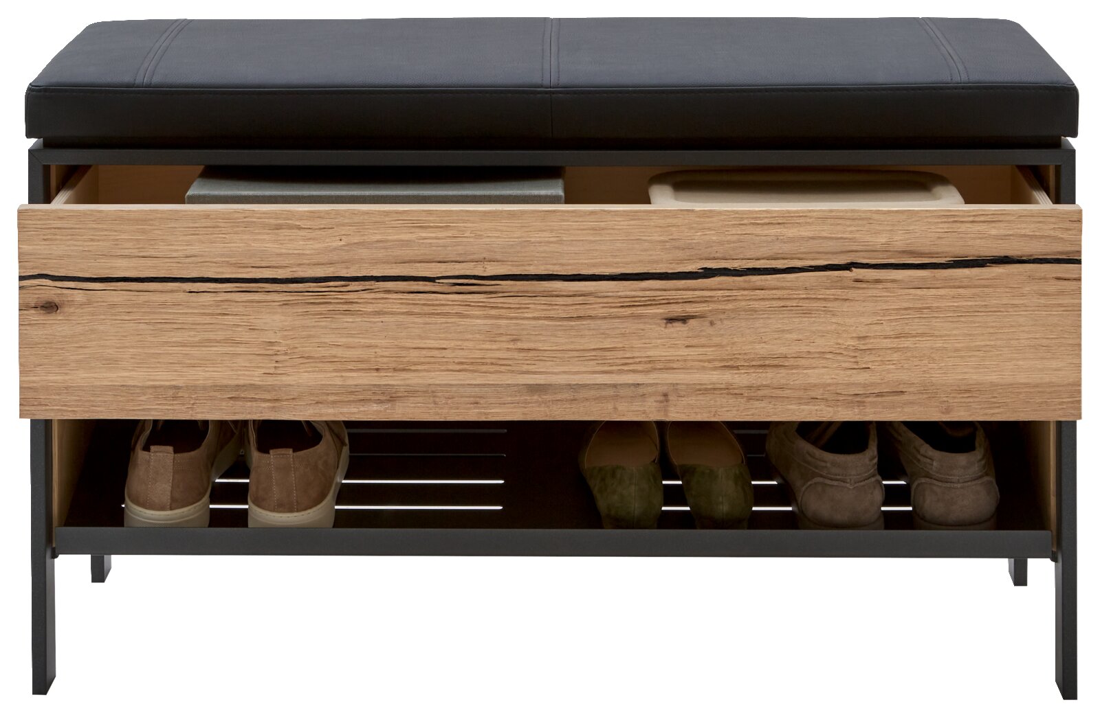 Frontansicht einer Garderobenbank mit schwarzem Sitzpolster, einer Schublade aus Holz und einem Schuhregal darunter.