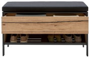 Frontansicht einer Garderobenbank mit schwarzem Sitzpolster, einer Schublade aus Holz und einem Schuhregal darunter.