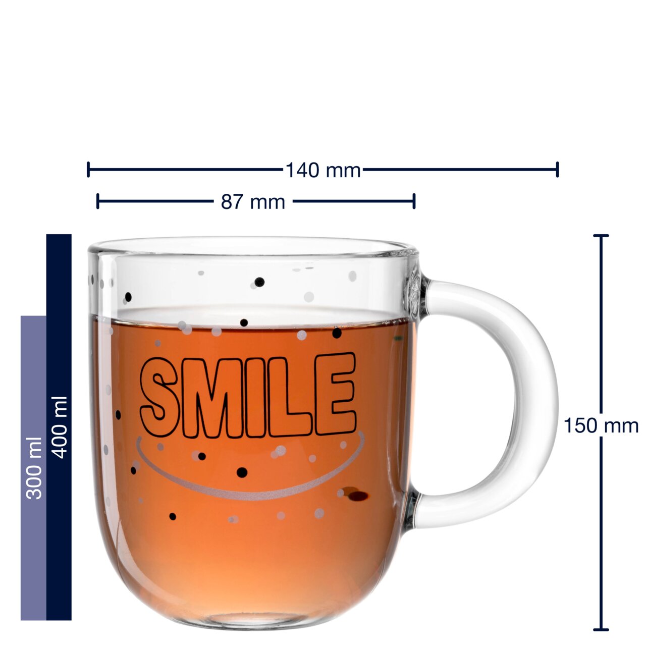Glas-Tasse mit 400 ml Fassungsvermögen, bedruckt mit dem Wort 'SMILE' und Punkten, seitliche Perspektive.