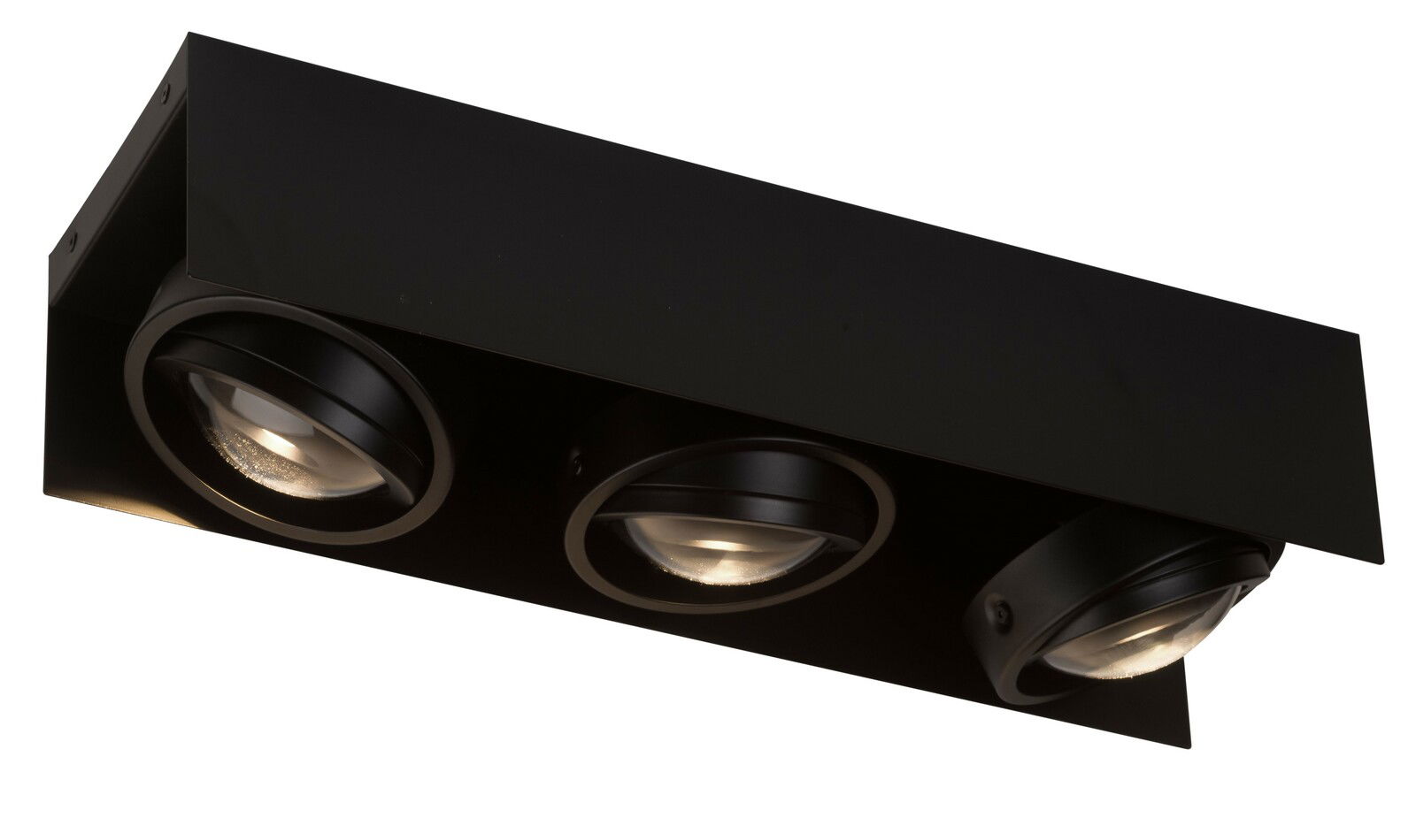 Megatron LED-Deckenleuchte CARDANO Schwarze LED Aufbauleuchte mit drei runden Strahlern, seitliche Perspektive