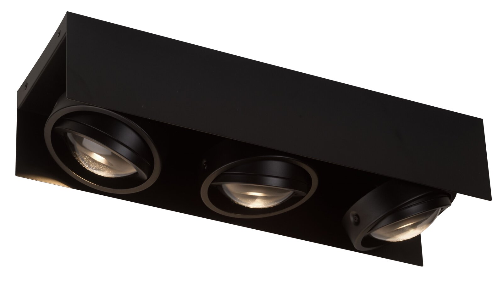 Megatron LED-Deckenleuchte CARDANO Schwarze LED Aufbauleuchte mit drei runden Strahlern, seitliche Perspektive