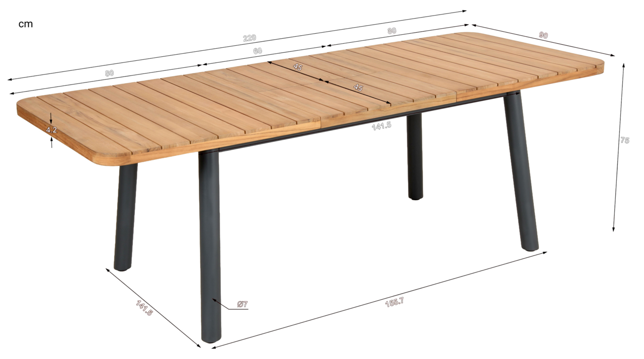 Gartenausziehtisch aus Holz mit Metallbeinen, seitliche Perspektive, Maße: 220 cm Länge, 90 cm Breite, 75 cm Höhe