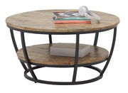 Runder Couchtisch aus Holz mit schwarzem Metallgestell, seitliche Perspektive