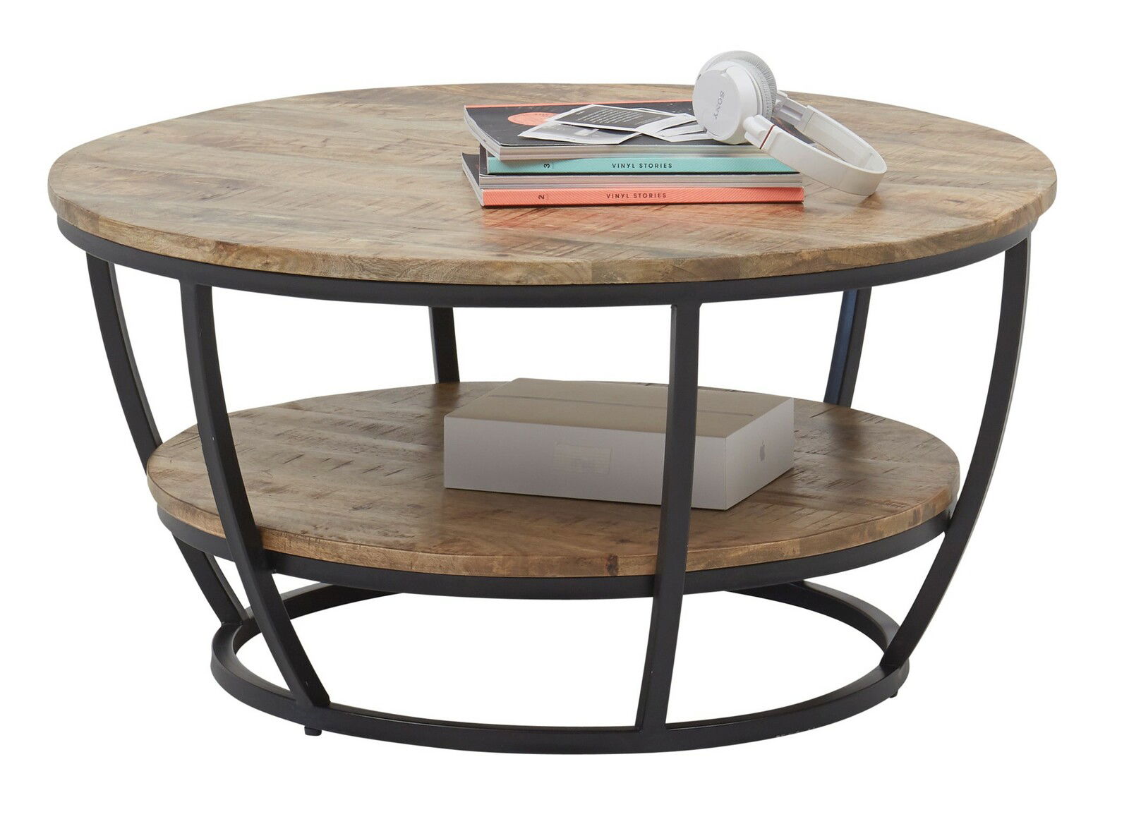 Runder Couchtisch aus Holz mit schwarzem Metallgestell, seitliche Perspektive