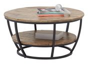 Runder Couchtisch aus Holz mit schwarzem Metallgestell, seitliche Perspektive