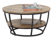 Runder Couchtisch aus Holz mit schwarzem Metallgestell, seitliche Perspektive