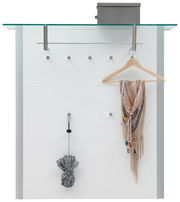 Garderobenpaneel mit Glasablage, Kleiderhaken und Kleiderbügel, Frontalansicht
