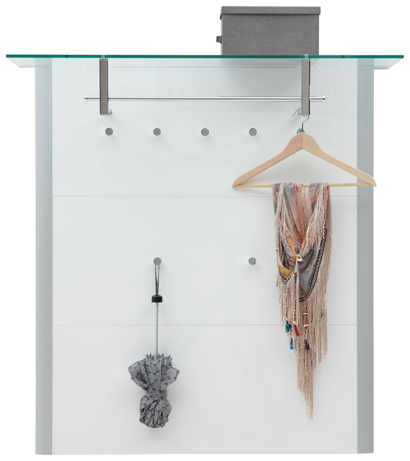 Garderobenpaneel mit Glasablage, Kleiderhaken und Kleiderbügel, Frontalansicht