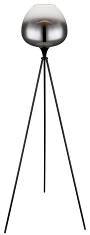 Moderne Stehleuchte MAXY mit dreibeinigem Stativ und glänzendem, kugelförmigem Lampenschirm, Frontalansicht.