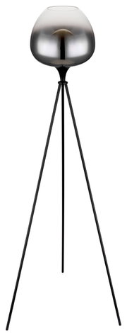 Moderne Stehleuchte MAXY mit dreibeinigem Stativ und glänzendem, kugelförmigem Lampenschirm, Frontalansicht.