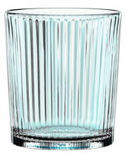 Nahaufnahme eines transparenten, gerippten Bechers mit leichtem Blauton, frontal betrachtet.