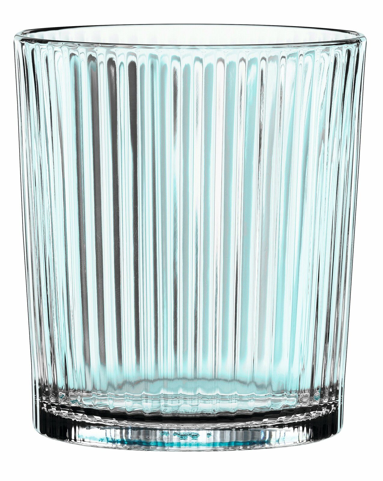 Nahaufnahme eines transparenten, gerippten Bechers mit leichtem Blauton, frontal betrachtet.