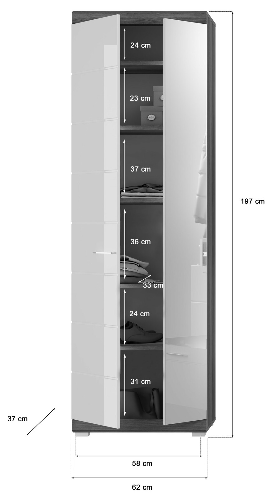 Garderobenschrank mit Spiegeltür, offene Perspektive, zeigt Innenfächer mit verschiedenen Höhen, Gesamtmaße 197 cm hoch, 62 cm breit, 58 cm tief.