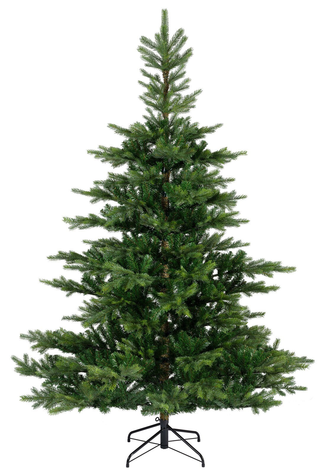 Künstlicher Weihnachtsbaum mit einem Durchmesser von 150 cm und einer Höhe von 210 cm, frontal abgebildet auf einem stabilen Metallständer.