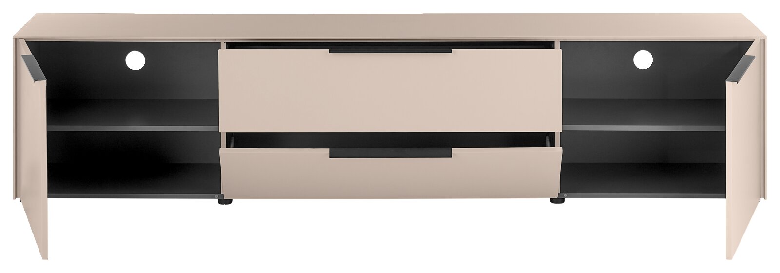 Modernes TV-Lowboard in Beige mit zwei offenen Fächern, zwei mittigen Schubladen und Kabeldurchführungen, frontale Ansicht mit geöffneten Türen