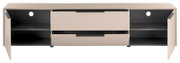 Modernes TV-Lowboard in Beige mit zwei offenen Fächern, zwei mittigen Schubladen und Kabeldurchführungen, frontale Ansicht mit geöffneten Türen