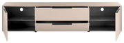 Modernes TV-Lowboard in Beige mit zwei offenen Fächern, zwei mittigen Schubladen und Kabeldurchführungen, frontale Ansicht mit geöffneten Türen