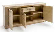 Holz-Sideboard mit geöffneter Schublade und Türen, Frontalansicht