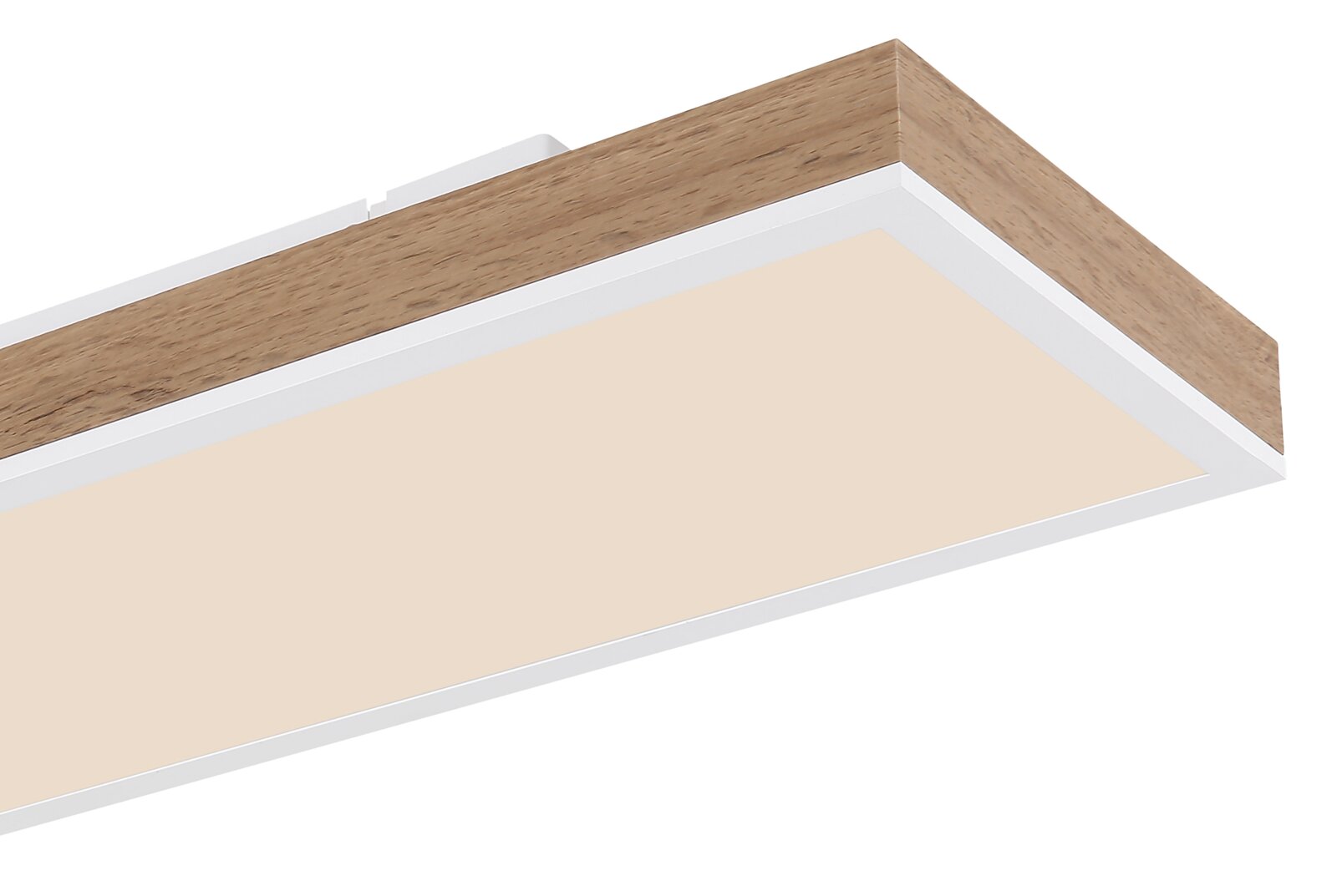 Moderne Deckenleuchte mit Holzrahmen, seitliche Perspektive