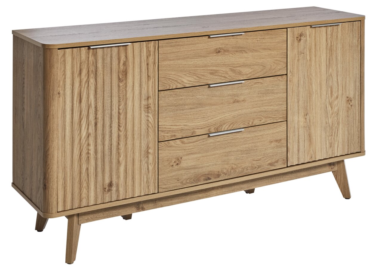 Holz-Sideboard mit zwei Türen und drei Schubladen, aus schräger Perspektive fotografiert