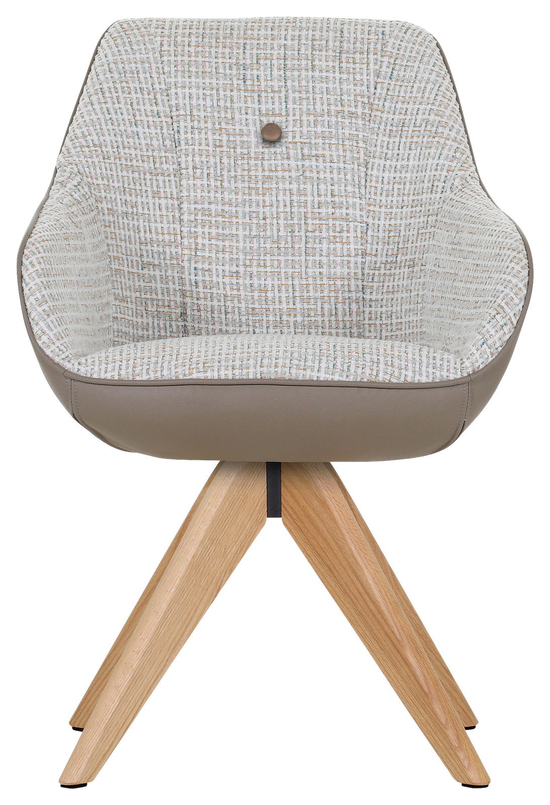 Vorderansicht eines modernen Armlehnstuhls mit gemustertem Stoffbezug und Holzbeinen.