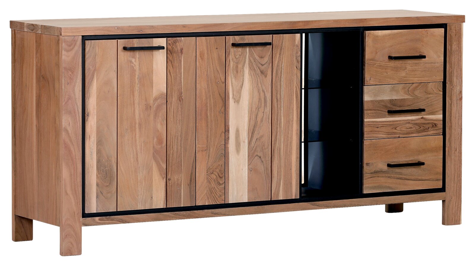 Holz-Sideboard mit zwei Türen und drei Schubladen, seitliche Perspektive
