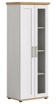 Vitrine aus Holz mit zwei Türen, eine davon mit Glaseinsatz, in weißer Farbe mit Holzdetails, seitliche Perspektive