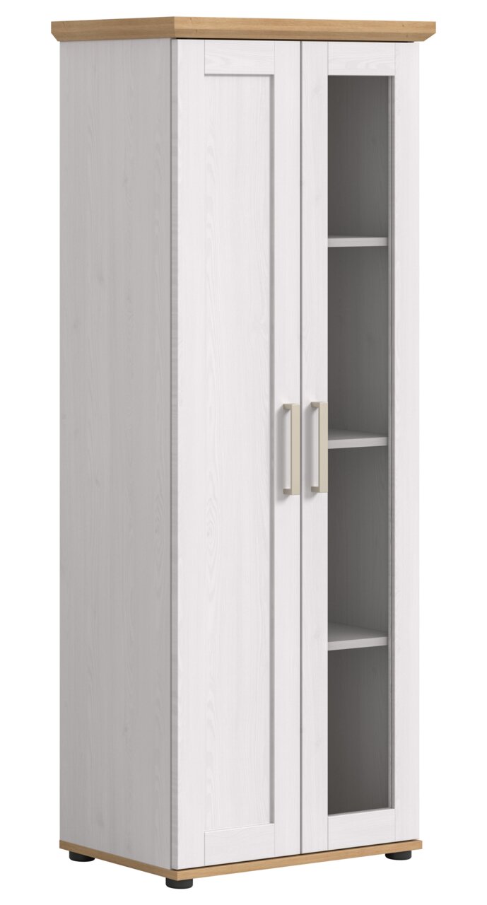 MID.YOU Vitrine VERONA Vitrine aus Holz mit zwei Türen, eine davon mit Glaseinsatz, in weißer Farbe mit Holzdetails, seitliche Perspektive