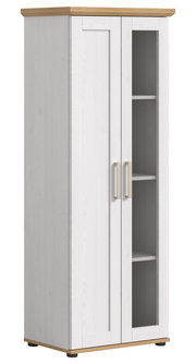 Vitrine aus Holz mit zwei Türen, eine davon mit Glaseinsatz, in weißer Farbe mit Holzdetails, seitliche Perspektive