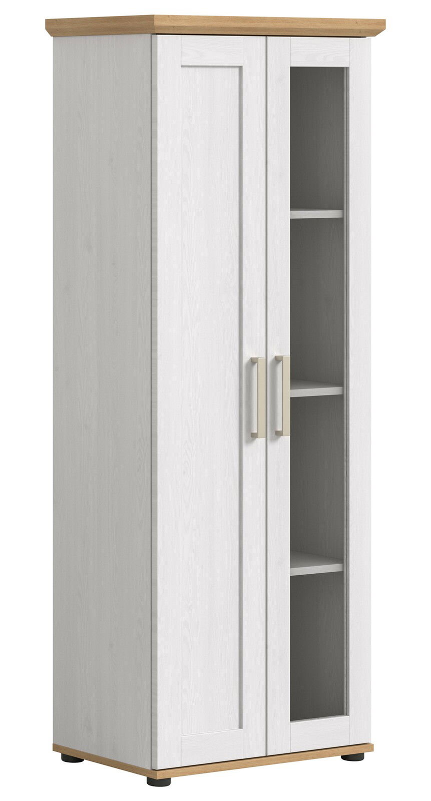 Vitrine aus Holz mit zwei Türen, eine davon mit Glaseinsatz, in weißer Farbe mit Holzdetails, seitliche Perspektive