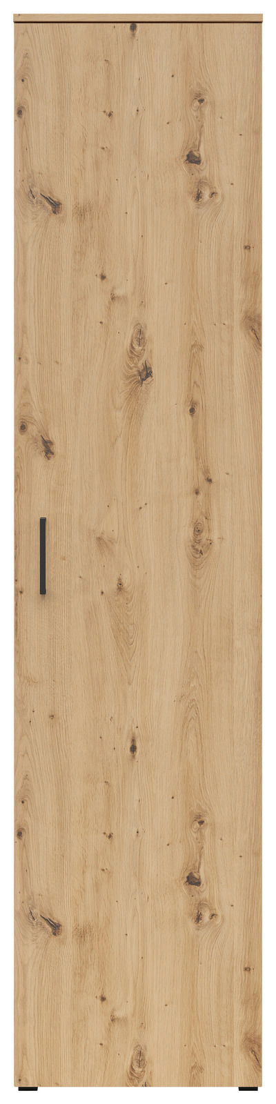 Frontansicht eines Mehrzweckschranks mit Holzmaserung und schwarzem Griff.