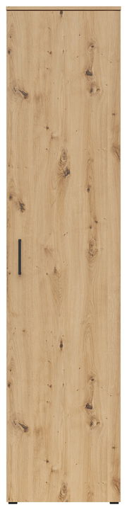 Frontansicht eines Mehrzweckschranks mit Holzmaserung und schwarzem Griff.